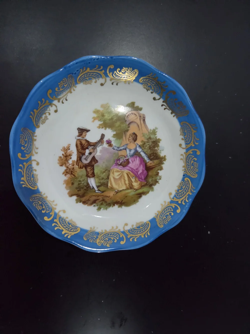 Antique Limoges France Fragonard Porcelain Trinket Dish Blue & Gold Accent 4